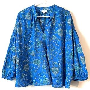 J. Jill Oversized Split Neck Cotton Vibrant Blue Floral Blouse Size L Petite
